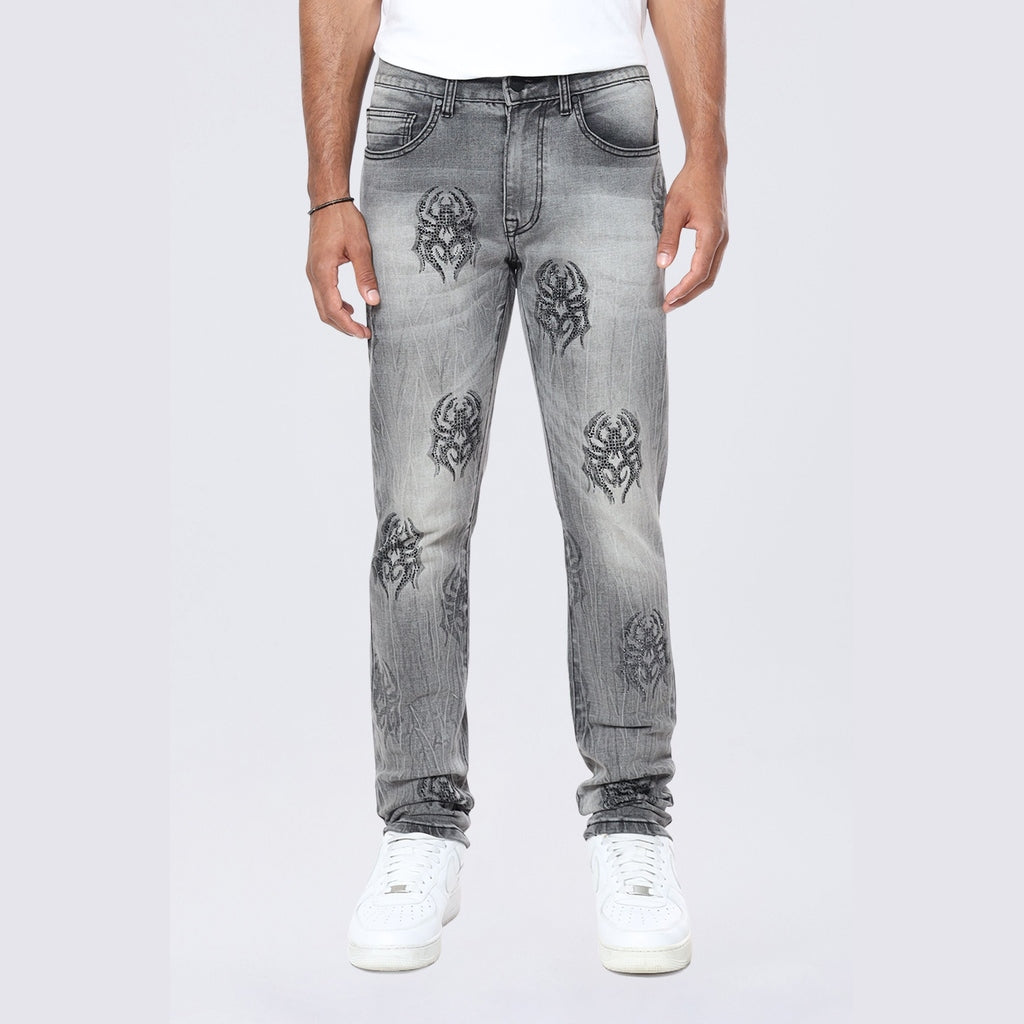 Smoke Rise Slim Spider Rhinestone Jeans - Pluto Grey