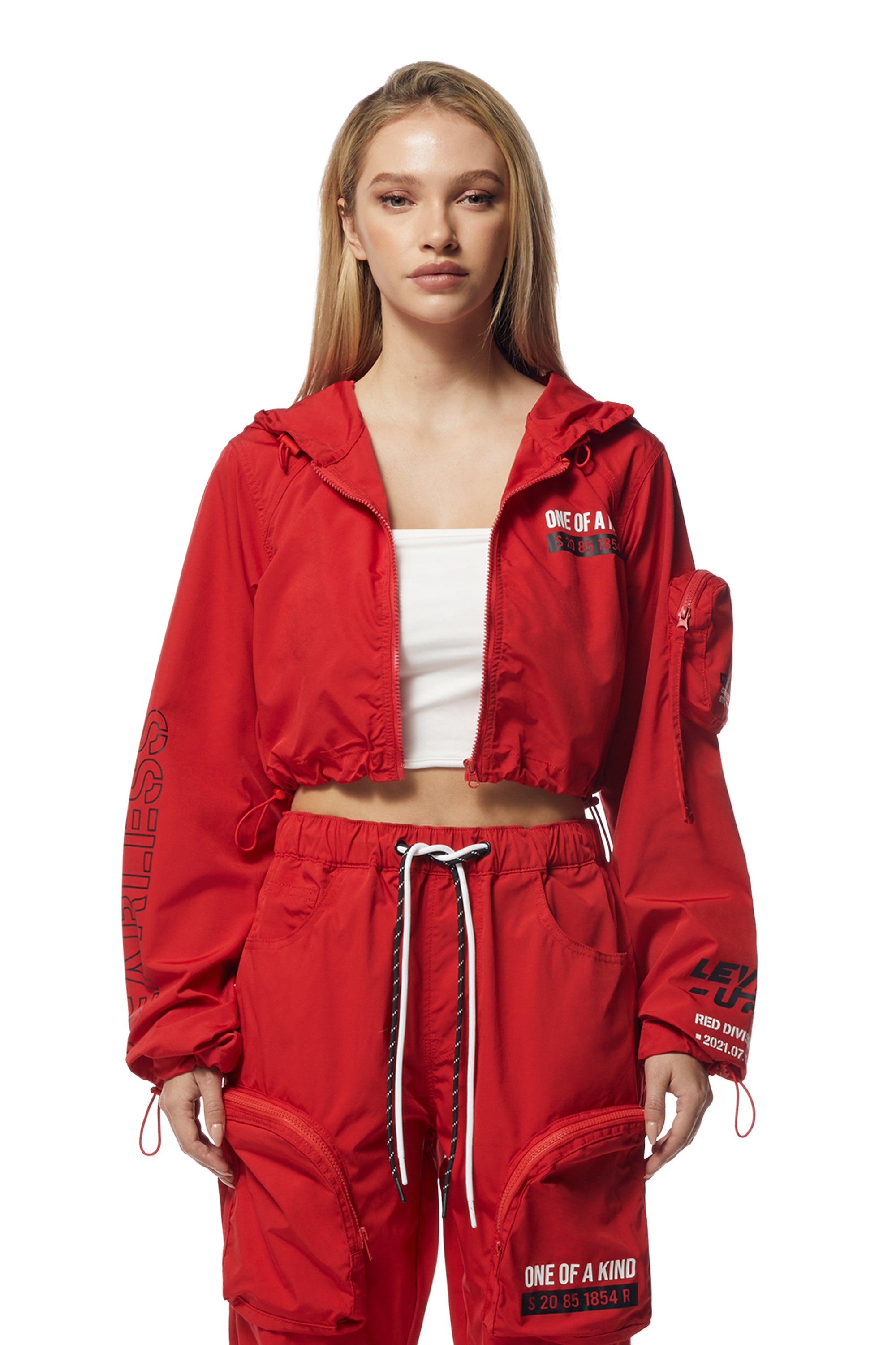 Cropped Windbreaker Full Zip Jacket - True Red