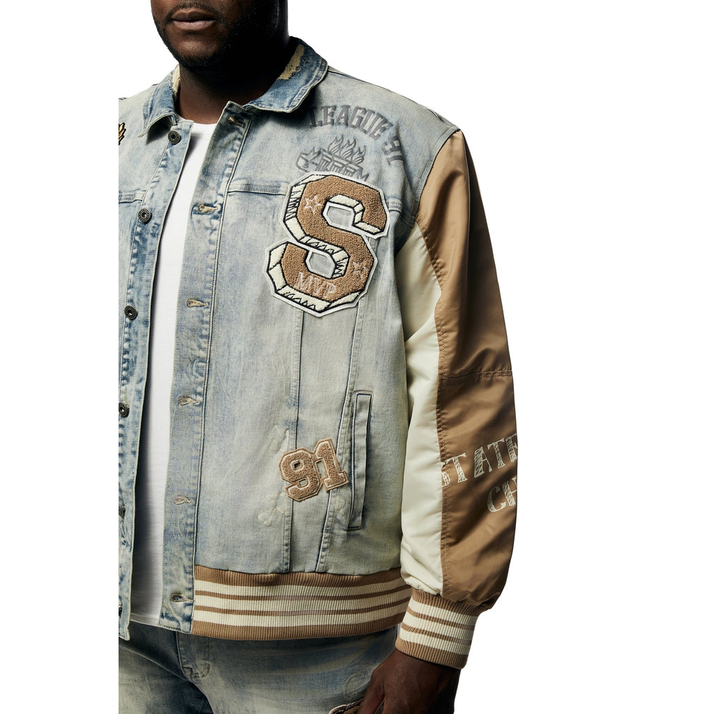 Smoke Rise Big and Tall Big and Tall - Varsity Jean & Windbreaker Trucker Jacket - Beach Blue