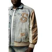 Smoke Rise Big and Tall Big and Tall - Varsity Jean & Windbreaker Trucker Jacket - Beach Blue