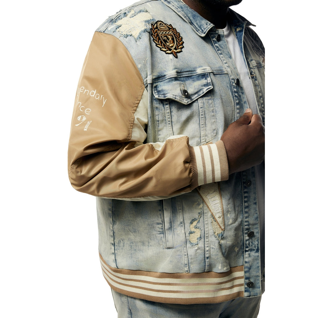 Smoke Rise Big and Tall Big and Tall - Varsity Jean & Windbreaker Trucker Jacket - Beach Blue