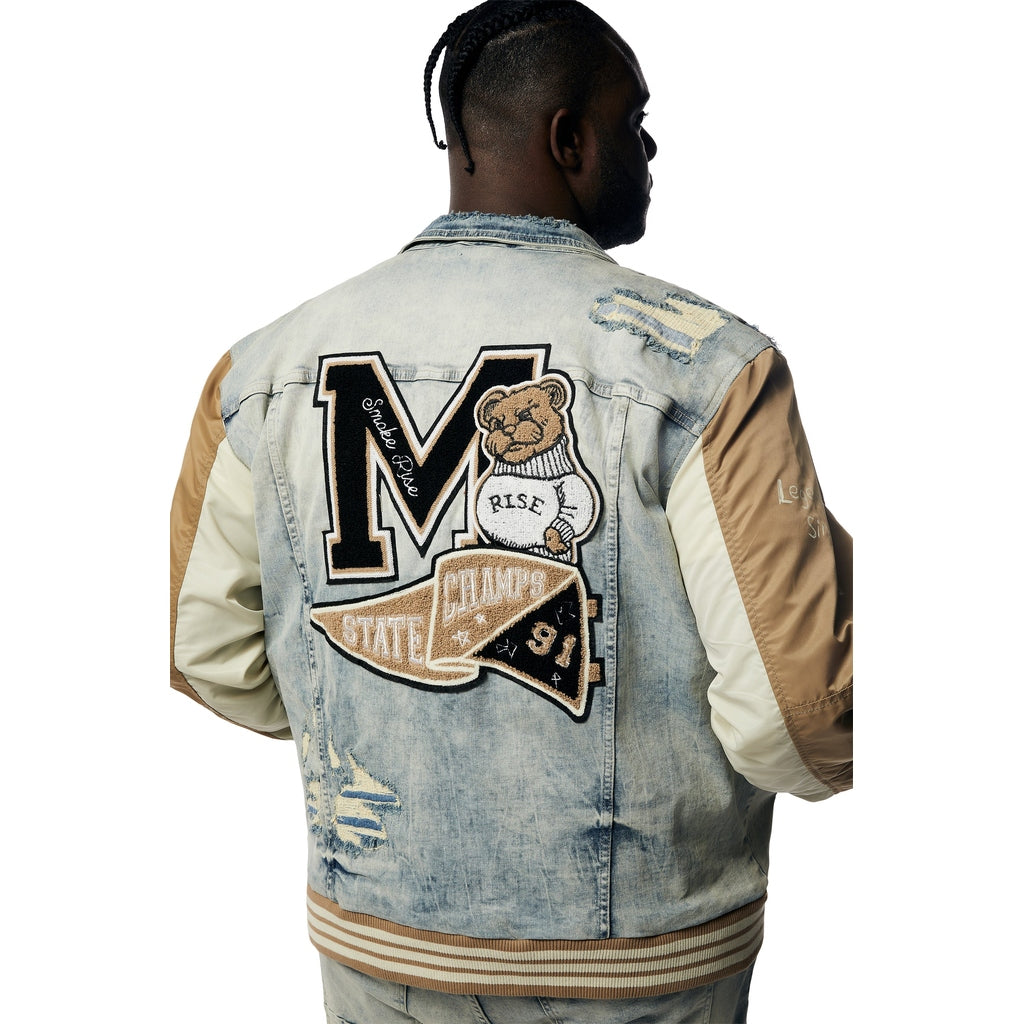 Smoke Rise Big and Tall Big and Tall - Varsity Jean & Windbreaker Trucker Jacket - Beach Blue