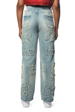 Applique Mid Rise Denim Jeans - Parma Blue
