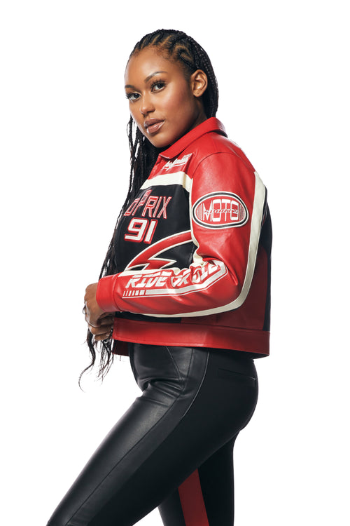 Collared Vegan Leather Racing Jacket - Red