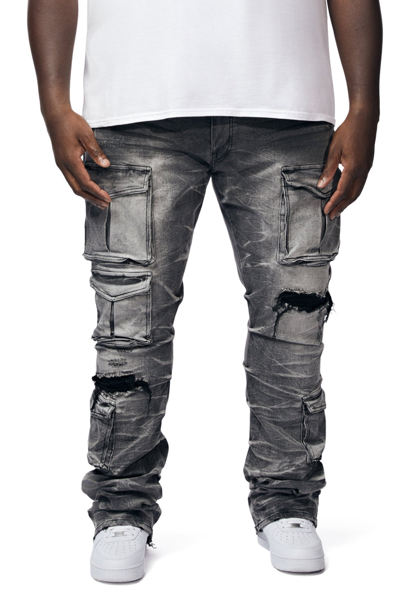 Big And Tall Utility Pocket Stacked Denim Jeans - Pluto Grey