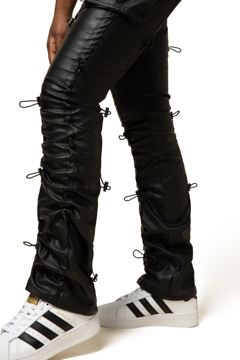 Stacked Vegan Leather Multi Bungee High Rise Pants - Black