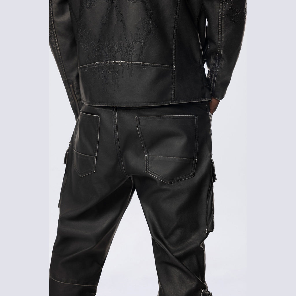 Smoke Rise Stacked Utility Washed Vegan Leather Pants - Washed Black