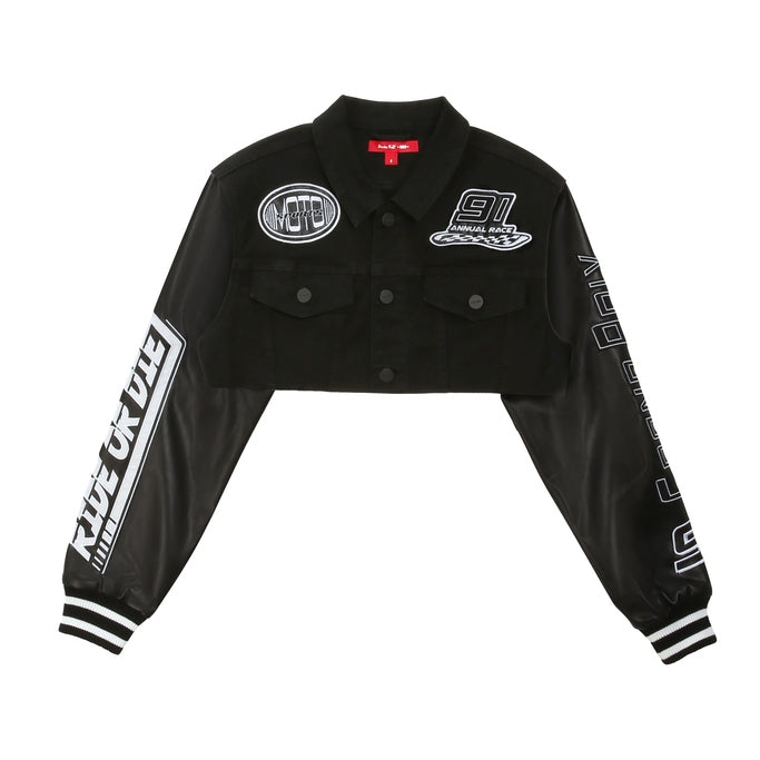 Smoke Rise RED Cropped Jean Racing Jacket - Deep Black