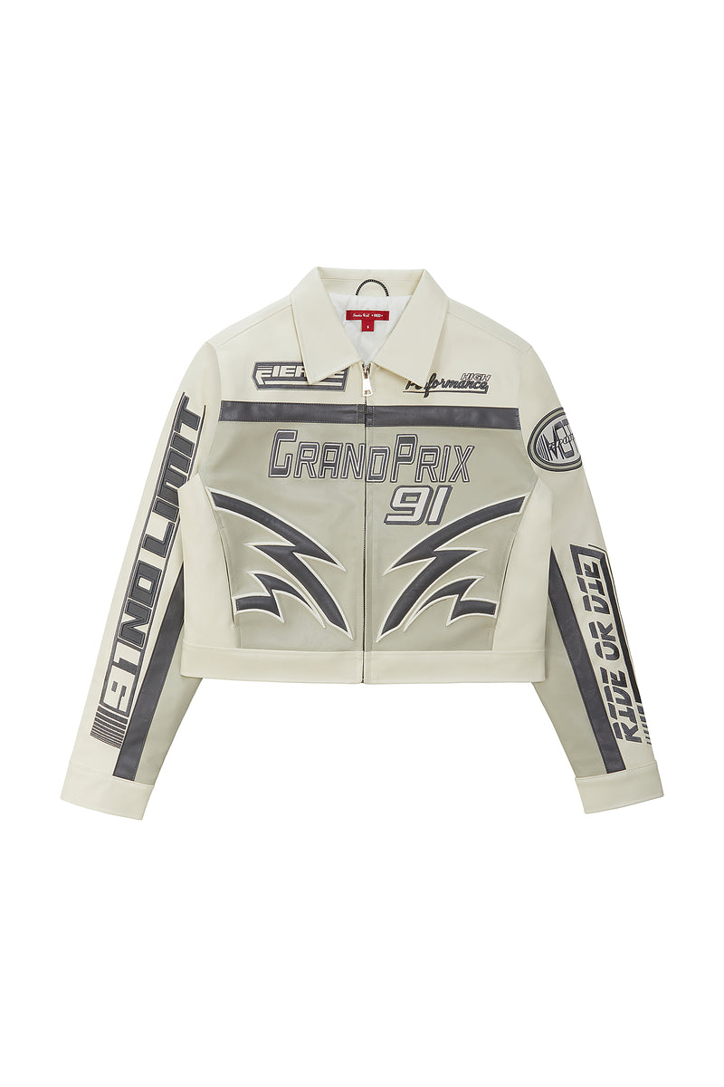 Collared Vegan Leather Racing Jacket - Off White