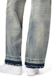 Mid Rise Rip Off Wide Leg Denim Jeans - Industrial Blue