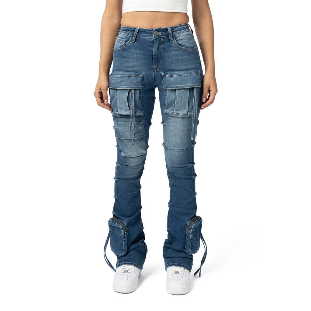 Smoke Rise RED High Rise Cargo Stacked Denim Jeans - Southport Blue