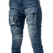 Smoke Rise RED High Rise Cargo Stacked Denim Jeans - Southport Blue