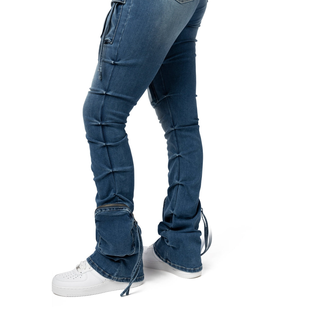 Smoke Rise RED High Rise Cargo Stacked Denim Jeans - Southport Blue