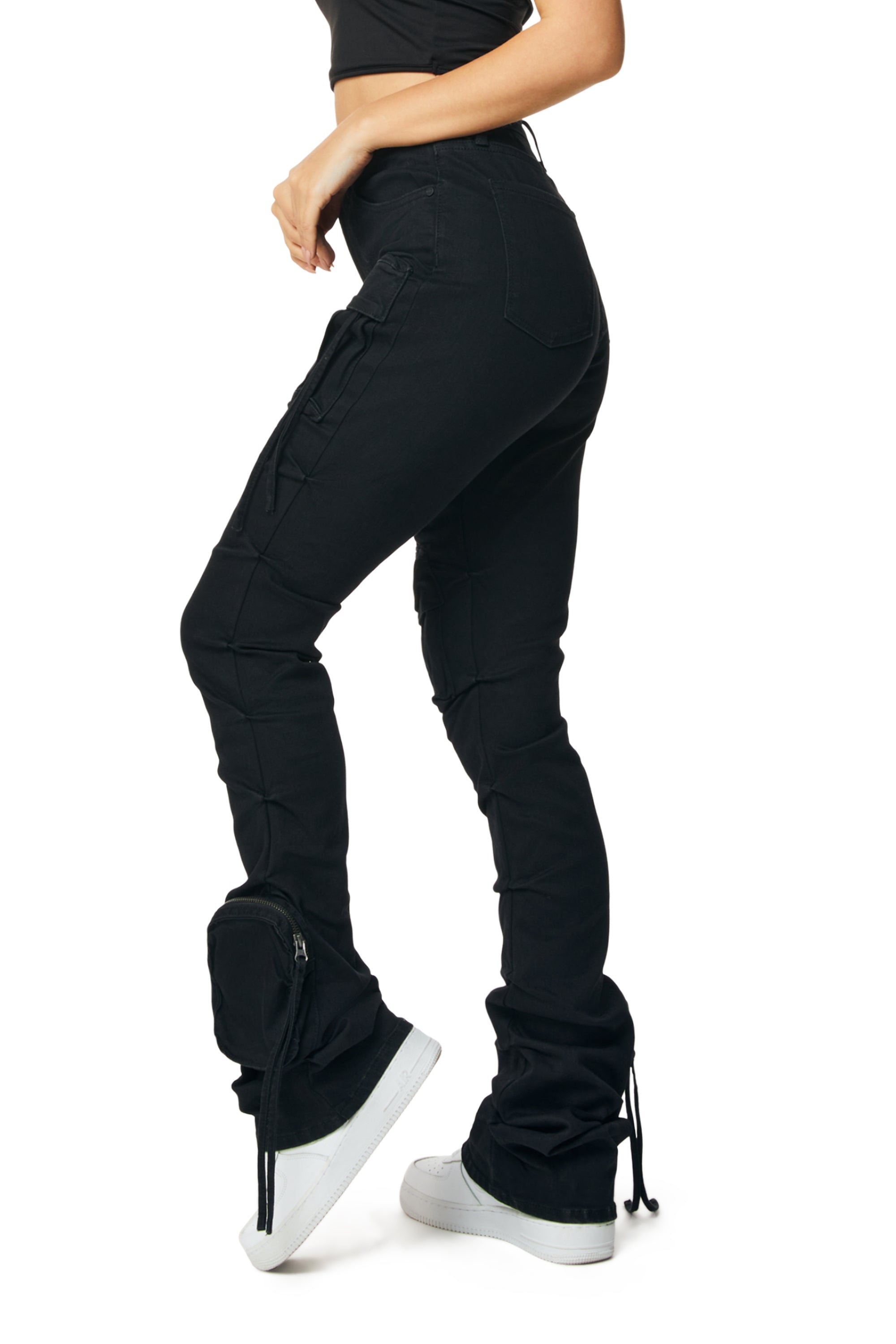 High Rise Cargo Stacked Denim Jeans - Deep Black