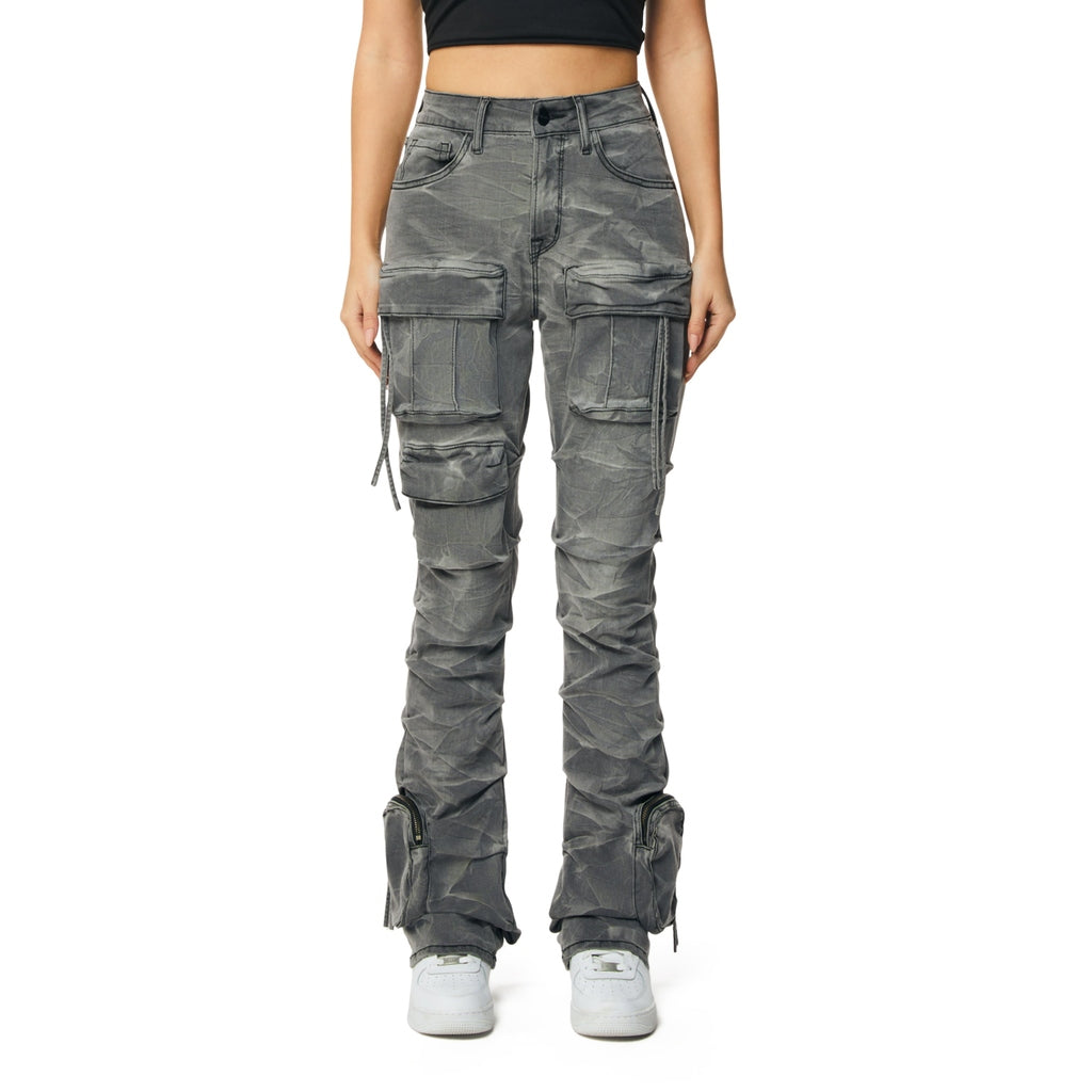 Smoke Rise RED High Rise Cargo Stacked Denim Jeans - Twinkle Grey