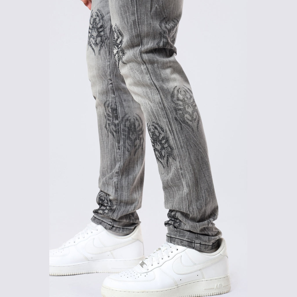 Smoke Rise Slim Spider Rhinestone Jeans - Pluto Grey