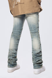 Lazy Stacked Western Studded Denim Jeans - Milky Blue