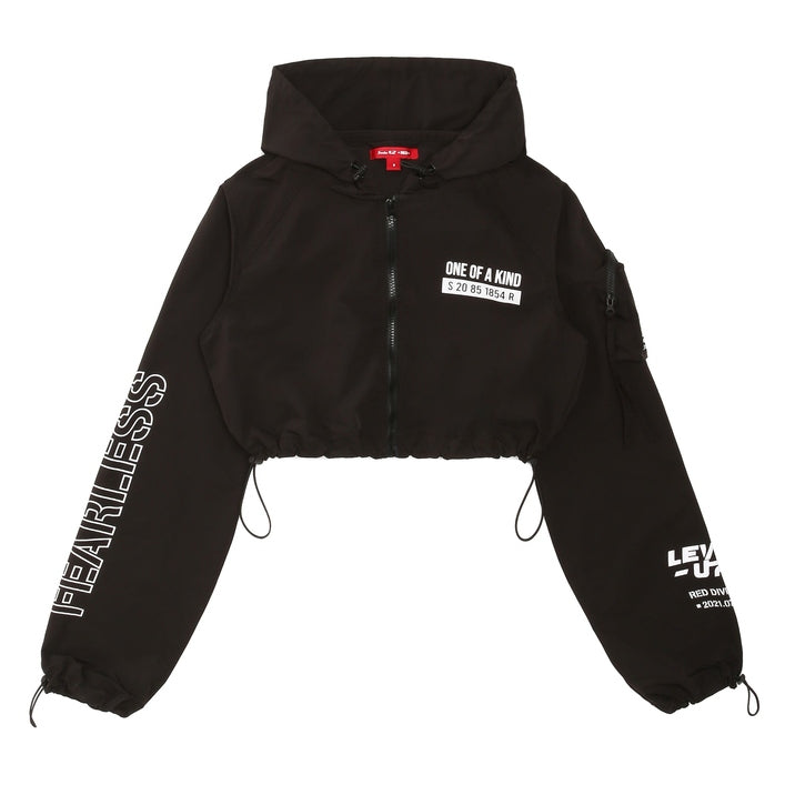 Smoke Rise RED Cropped Windbreaker Full Zip Jacket - Black