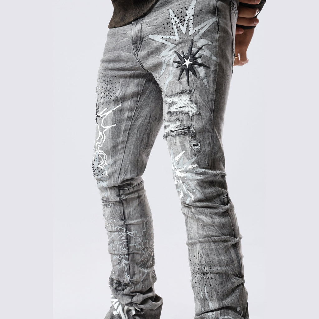 Smoke Rise Stacked Flared Pinched Rhinestone Jean - Shibuya Black