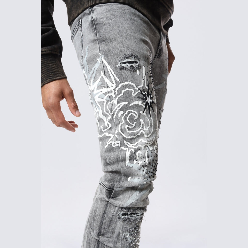 Smoke Rise Stacked Flared Pinched Rhinestone Jean - Shibuya Black