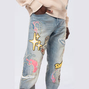 Smoke Rise Straight Tapestry Applique Doodle Denim Jeans - Seville Blue