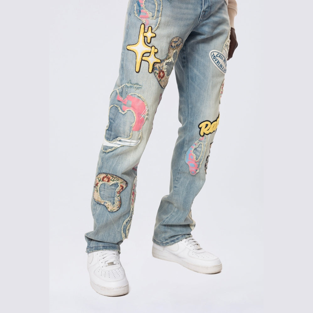 Smoke Rise Straight Tapestry Applique Doodle Denim Jeans - Seville Blue