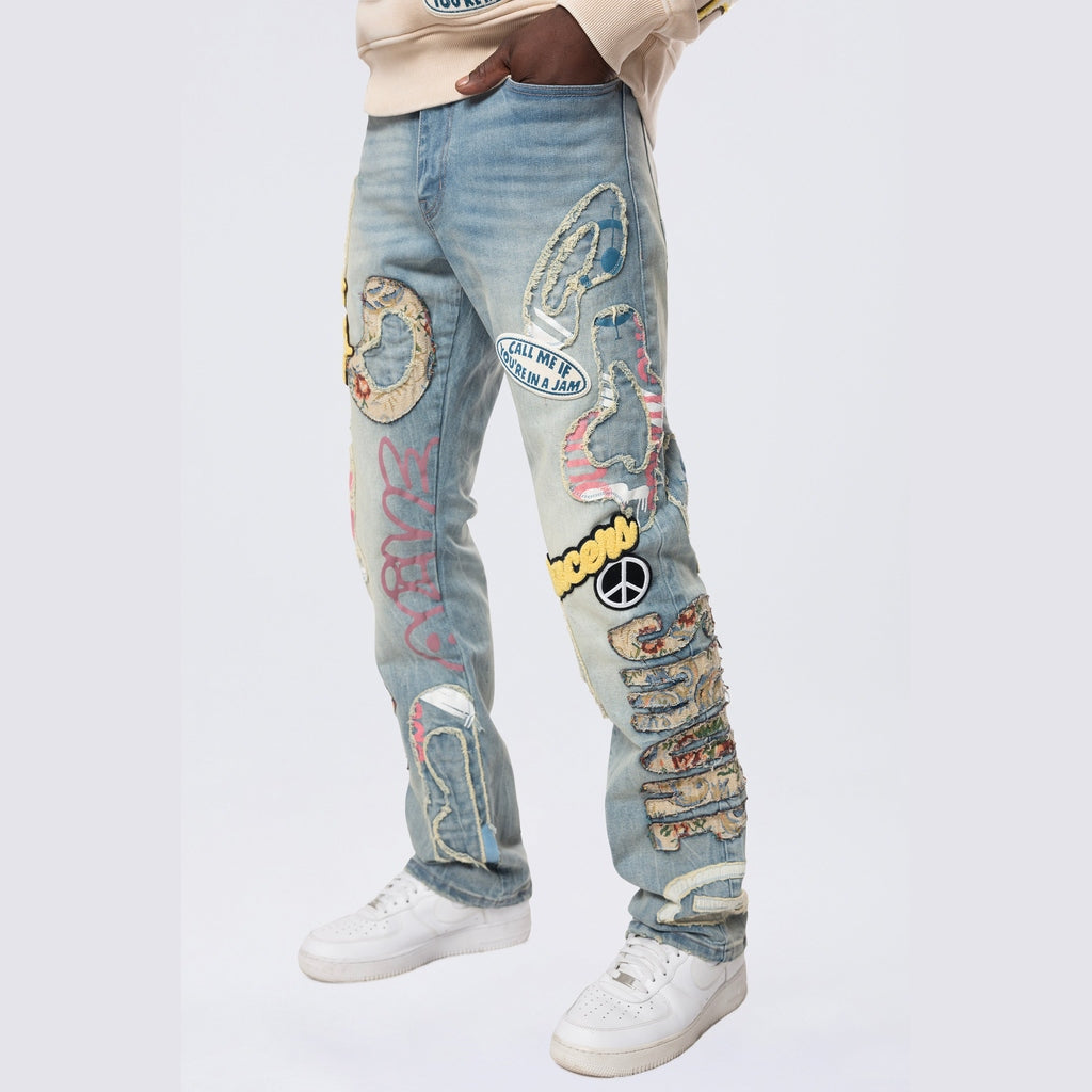 Smoke Rise Straight Tapestry Applique Doodle Denim Jeans - Seville Blue