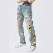 Smoke Rise Straight Tapestry Applique Doodle Denim Jeans - Seville Blue