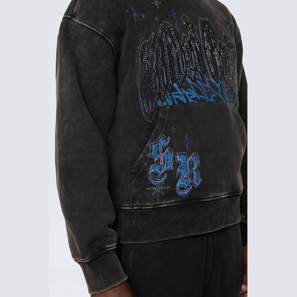 Smoke Rise Dropped Shoulder Rhinestone Dystopia Hoodie - Black