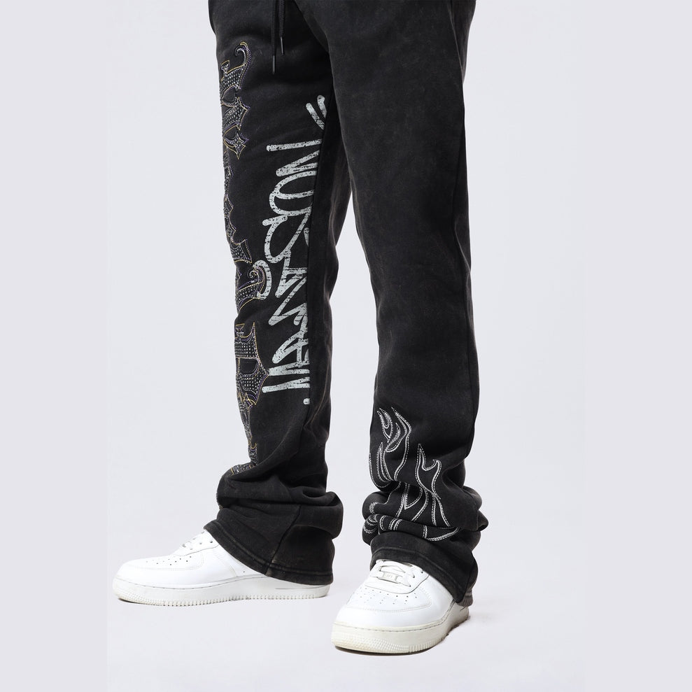 Smoke Rise Stacked Rhinestone Dystopia Fleece Pants - Black