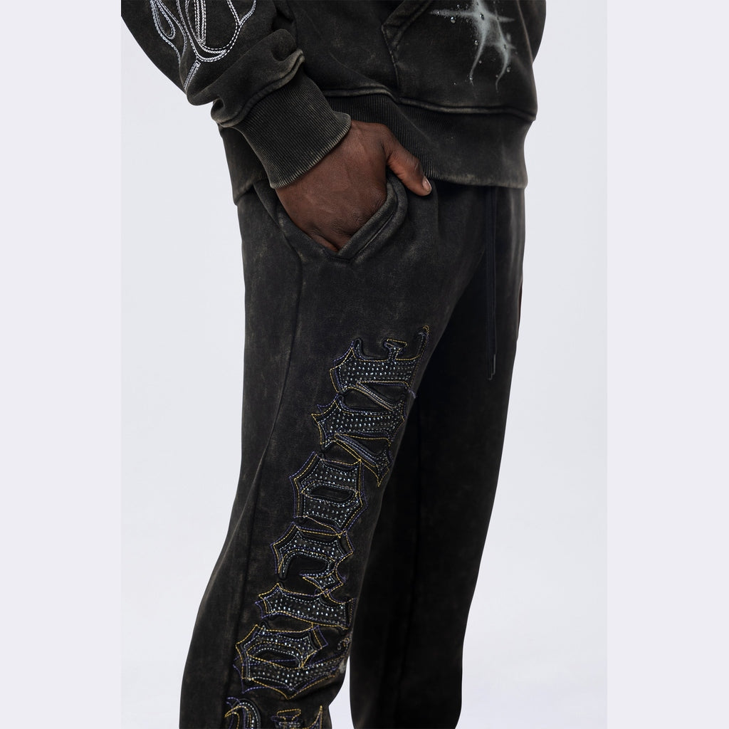 Smoke Rise Stacked Rhinestone Dystopia Fleece Pants - Black