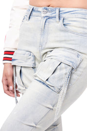 High Rise Cargo Stacked Denim Jeans - Ombre Blue