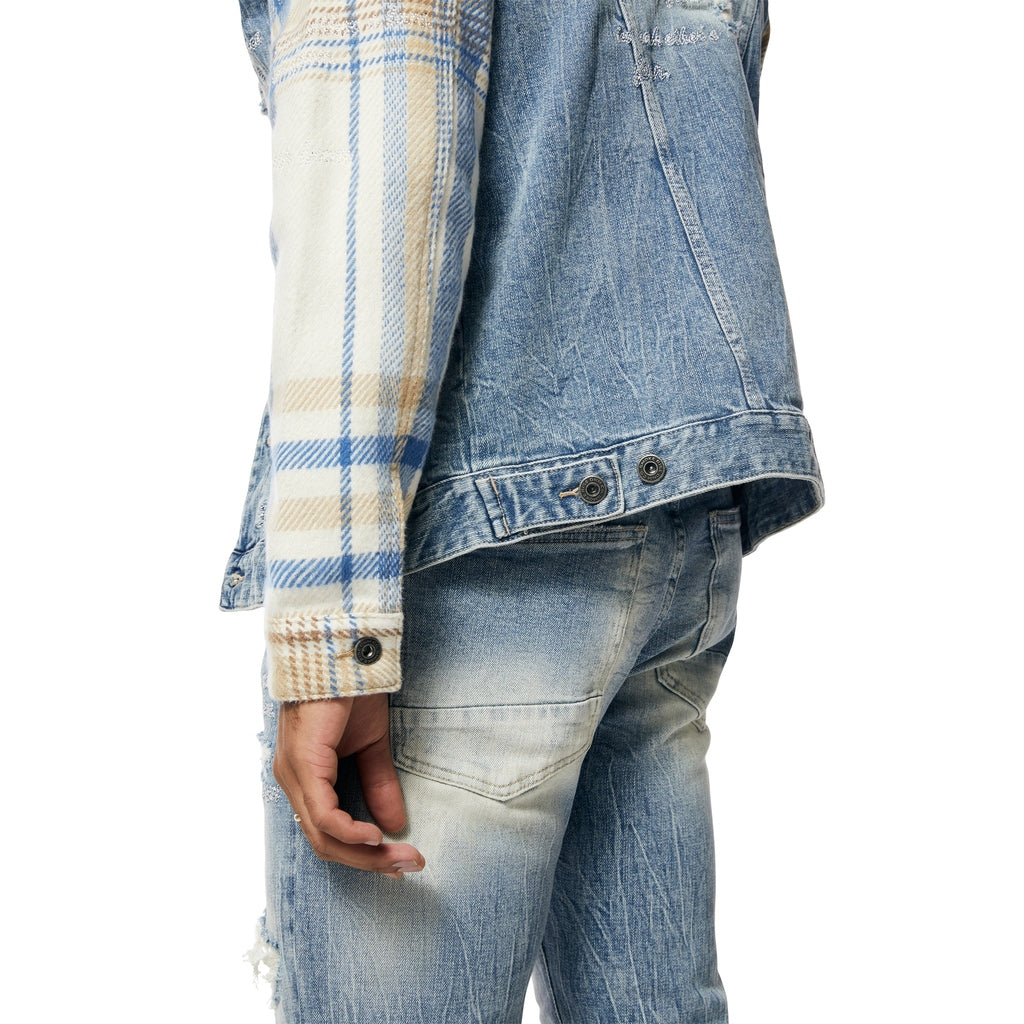 Smoke Rise Embroidered Plaid Backed Jean Jacket - Lowell Blue