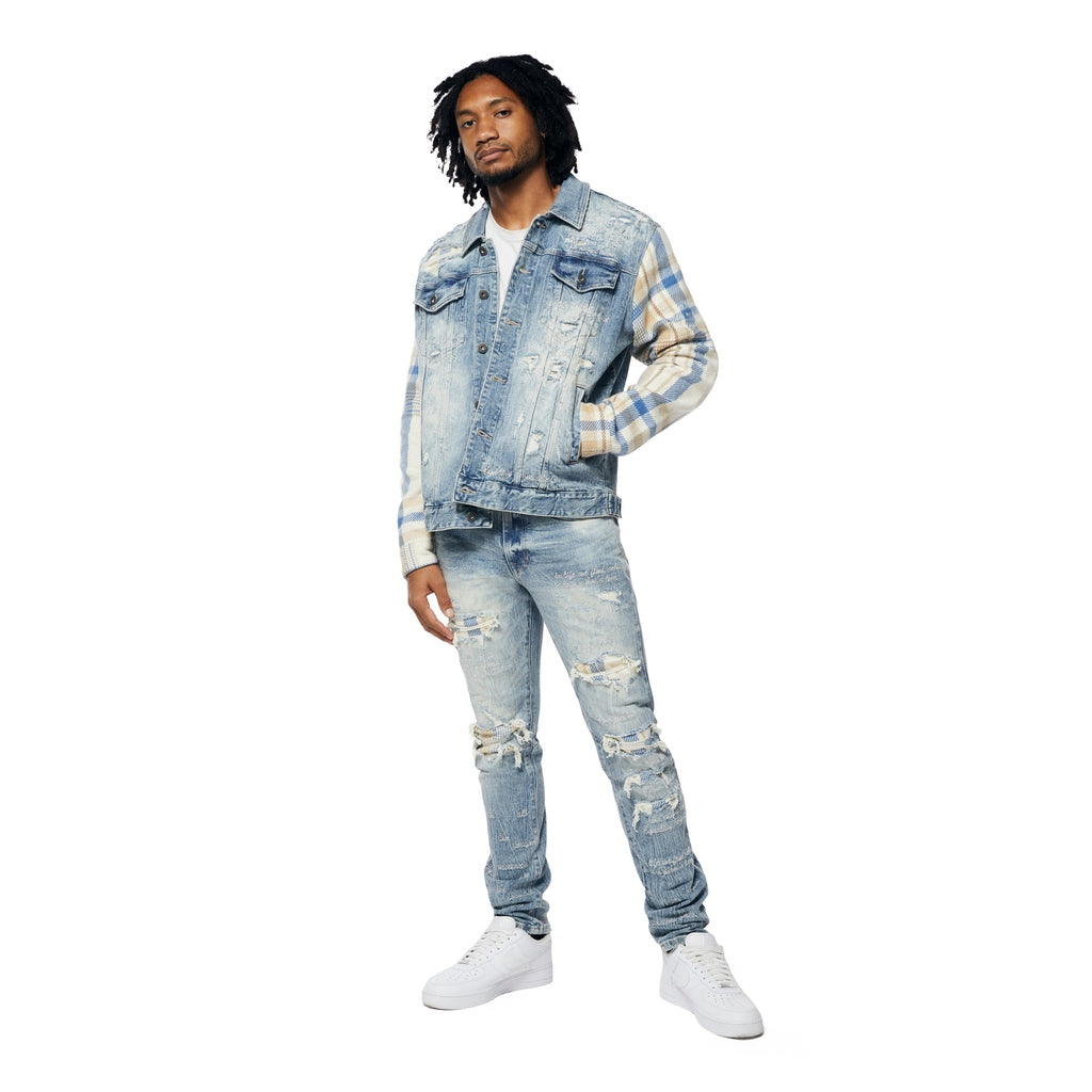 Smoke Rise Embroidered Plaid Backed Jean Jacket - Lowell Blue