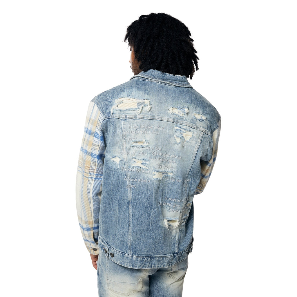 Smoke Rise Embroidered Plaid Backed Jean Jacket - Lowell Blue