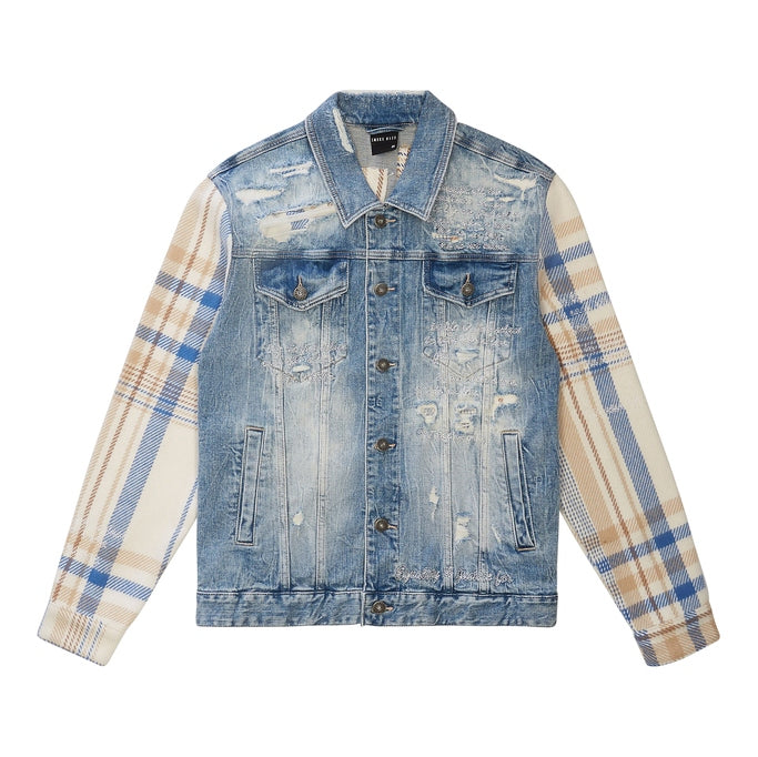 Smoke Rise Embroidered Plaid Backed Jean Jacket - Lowell Blue