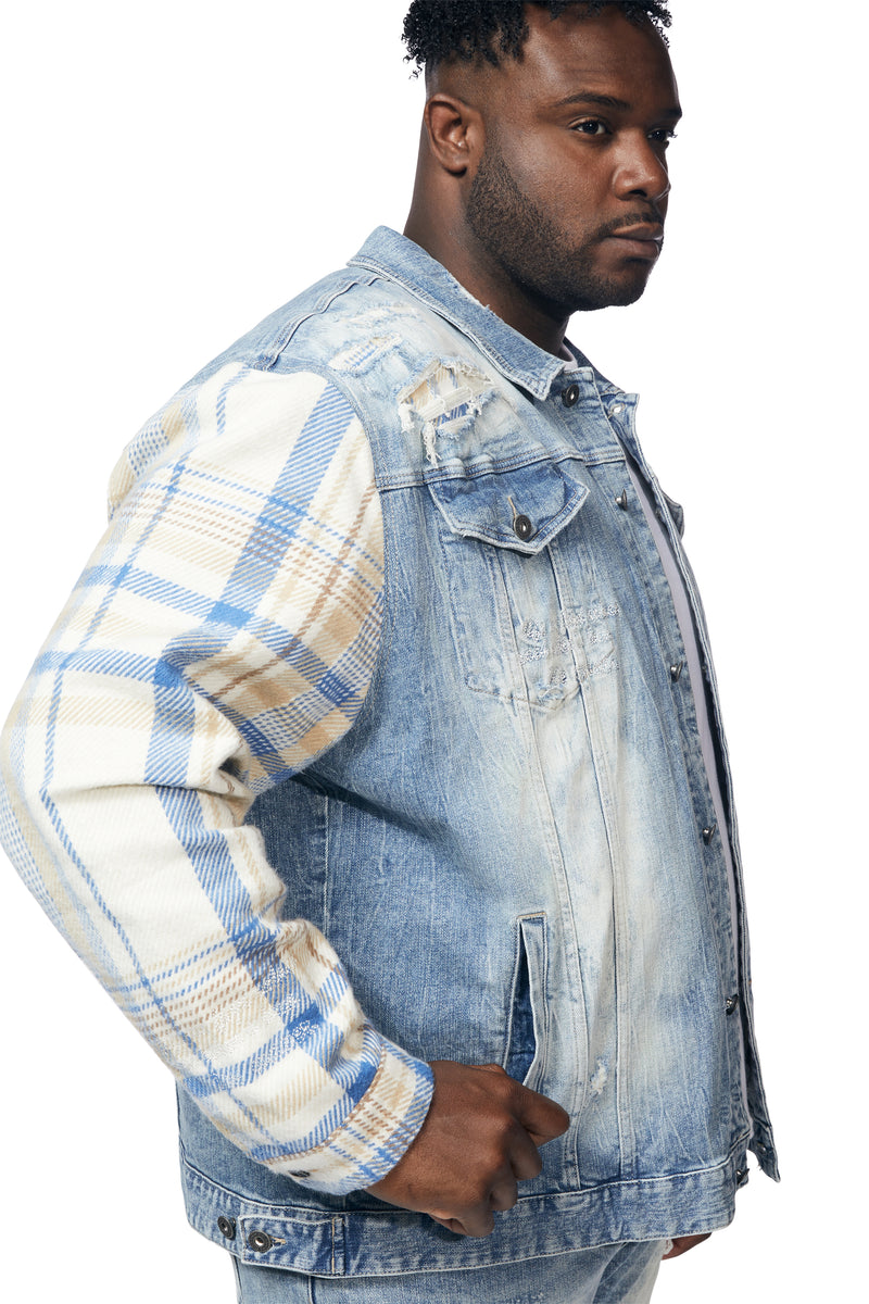 Big and Tall Embroidered Plaid Backed Denim Jacket - Lowell Blue