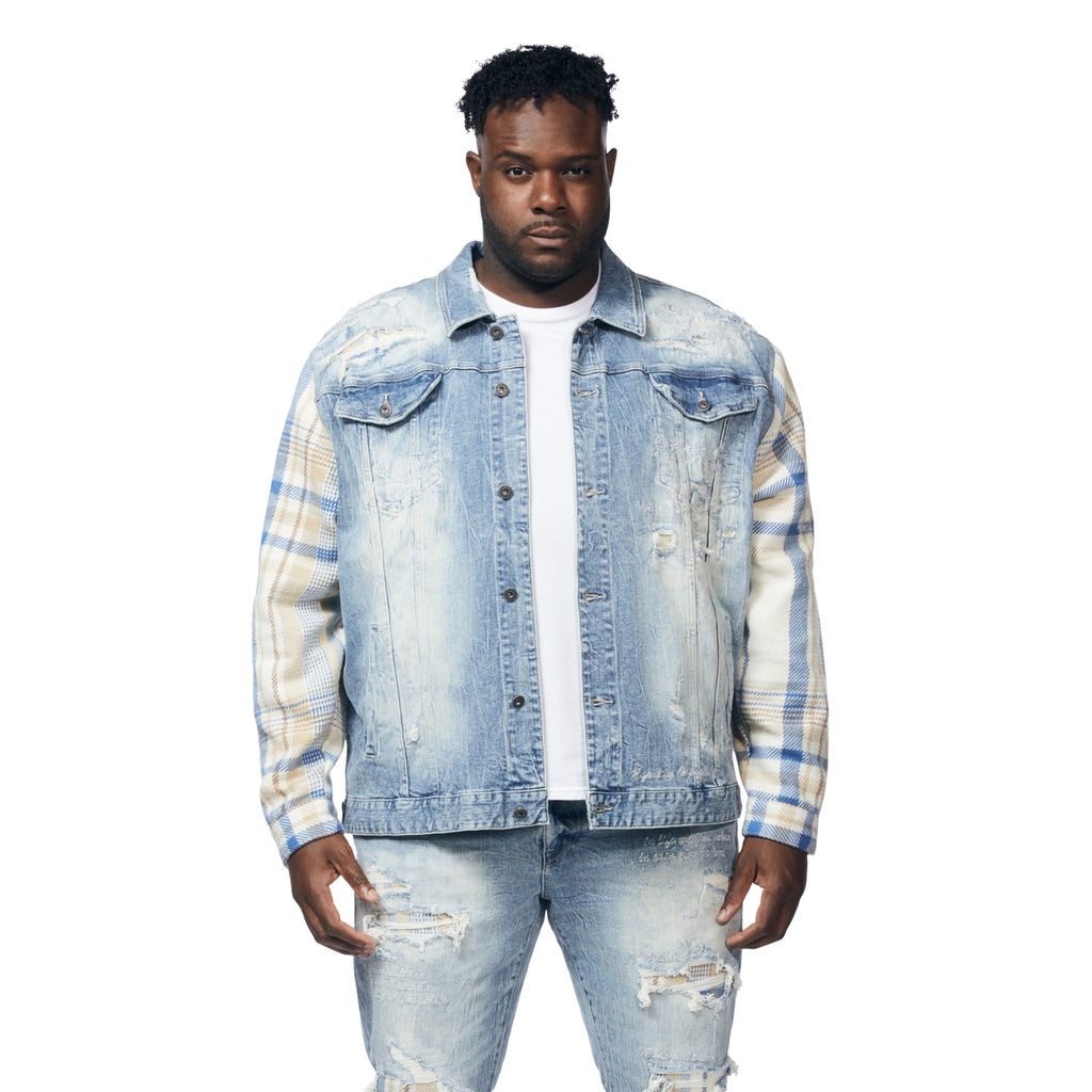 Smoke Rise Big and Tall Big and Tall Embroidered Plaid Backed Denim Jacket - Lowell Blue