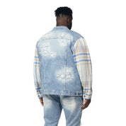 Smoke Rise Big and Tall Big and Tall Embroidered Plaid Backed Denim Jacket - Lowell Blue