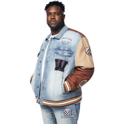 Smoke Rise Big and Tall Big and Tall Jean Varsity Jacket - Canal Blue