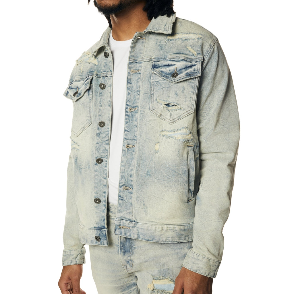 Smoke Rise Wave Effect Jean Jacket - Leo Blue