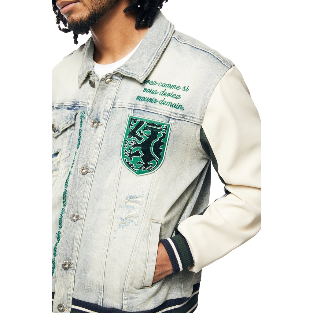 Smoke Rise Preppy Crest Embroidered Jean Jacket - Cascade Blue