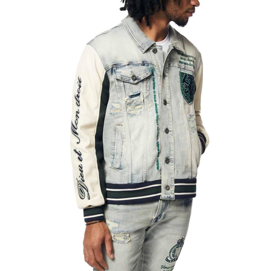 Smoke Rise Preppy Crest Embroidered Jean Jacket - Cascade Blue