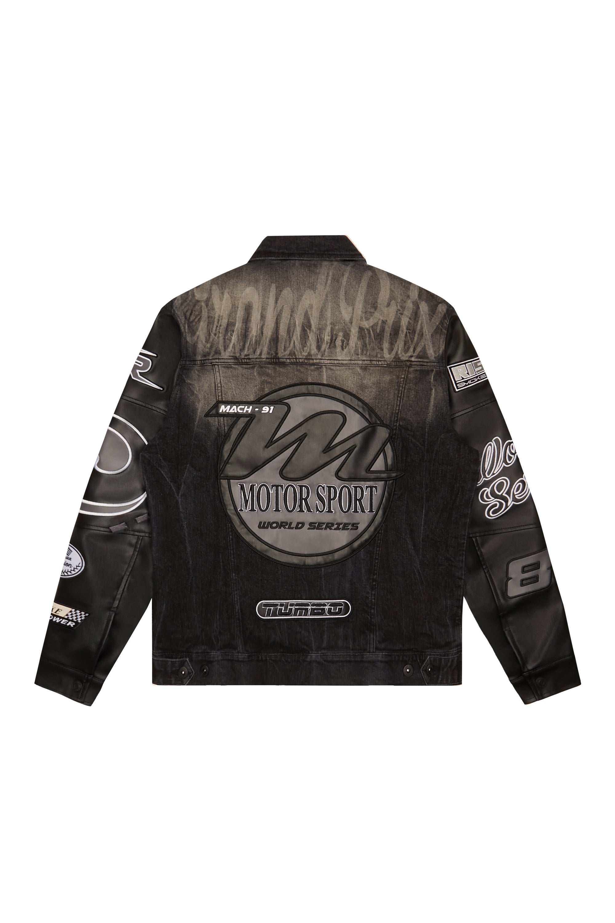 Embroidered Patched Racing Denim Jacket - Moon Black