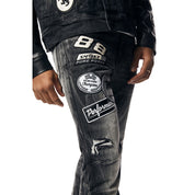 Smoke Rise Embroidered Patched Racing Jean Jacket - Moon Black