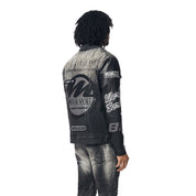 Smoke Rise Embroidered Patched Racing Jean Jacket - Moon Black