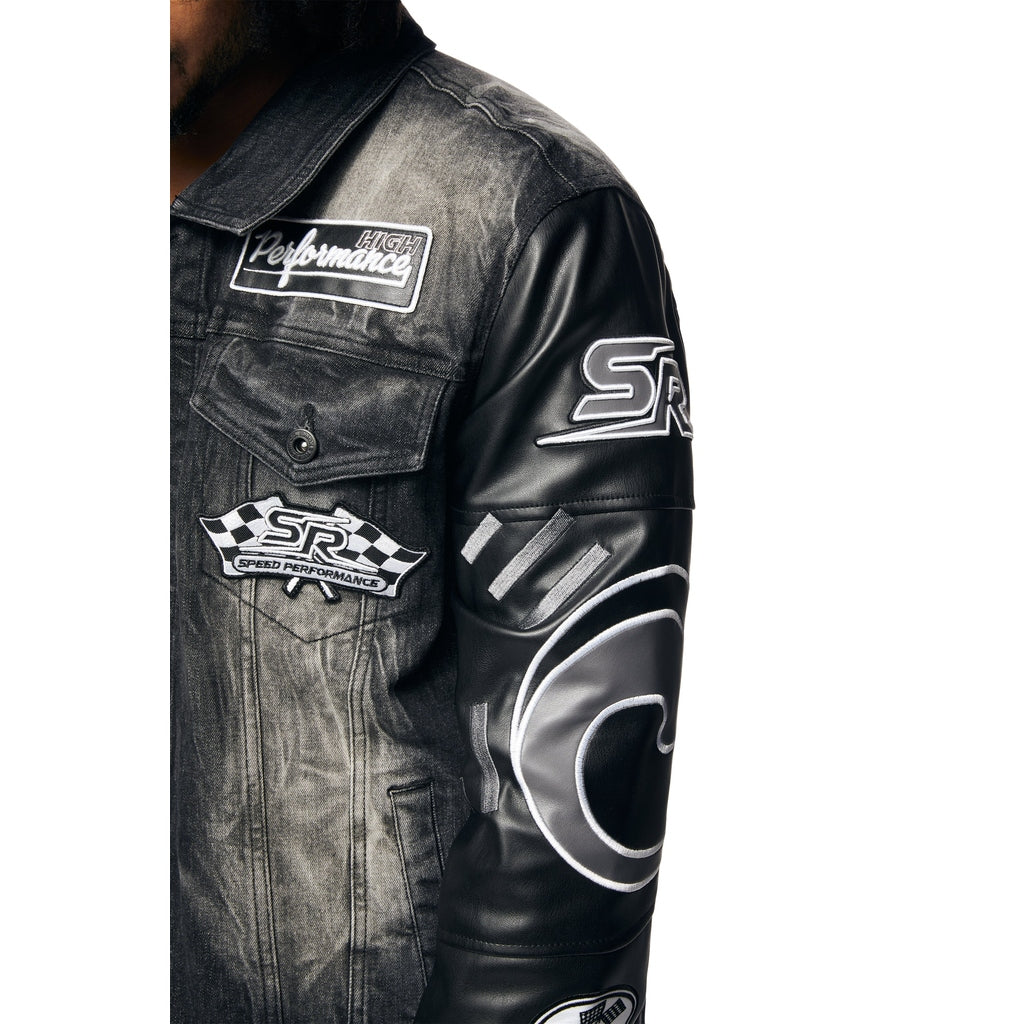 Smoke Rise Embroidered Patched Racing Jean Jacket - Moon Black