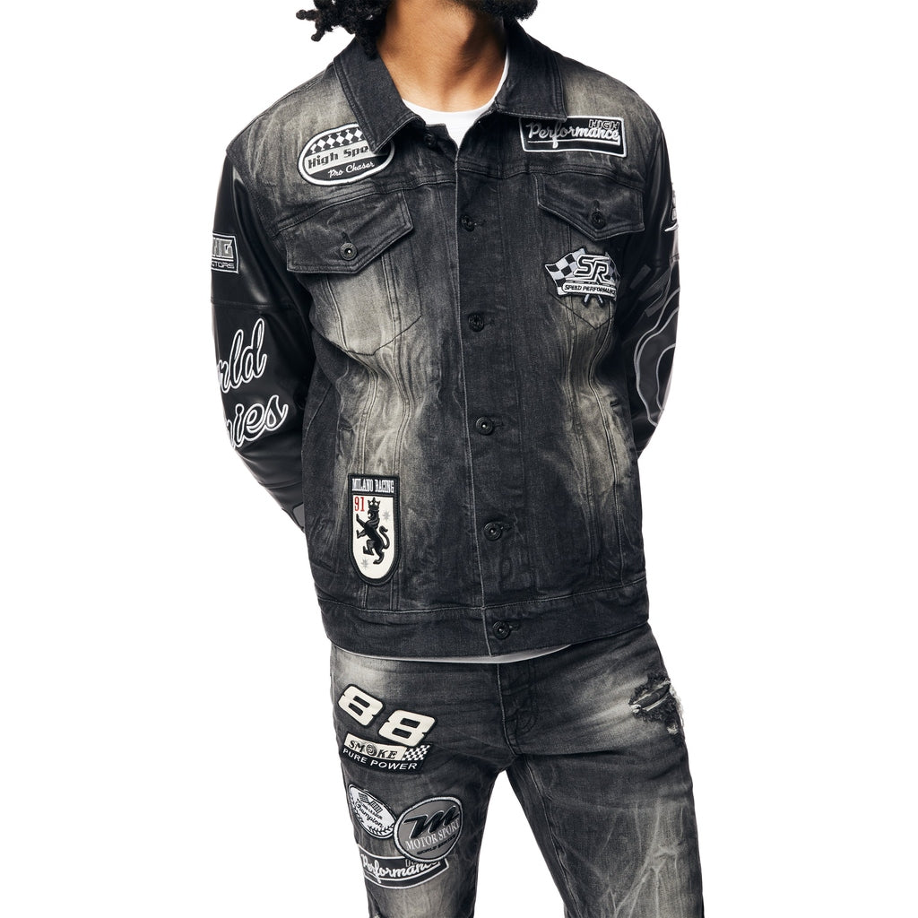 Smoke Rise Embroidered Patched Racing Jean Jacket - Moon Black