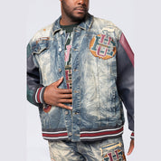 Smoke Rise Big and Tall Big and Tall - Vegan Leather Sleeve Varsity Denim Jacket - Alley Blue