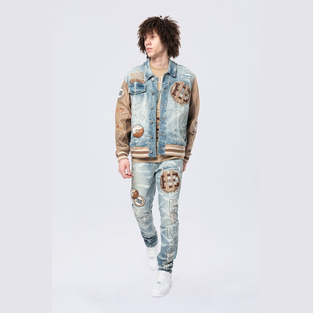 Smoke Rise Vegan Leather Sleeve Varsity Denim Jacket - Clyde Blue